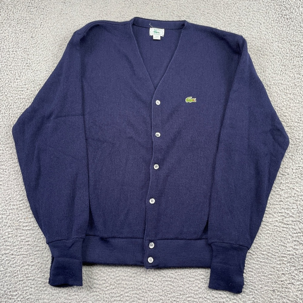 Izod Lacoste Cardigan Mens L Navy Blue Orlon Acrylic V-Neck Sweater Vintage USA